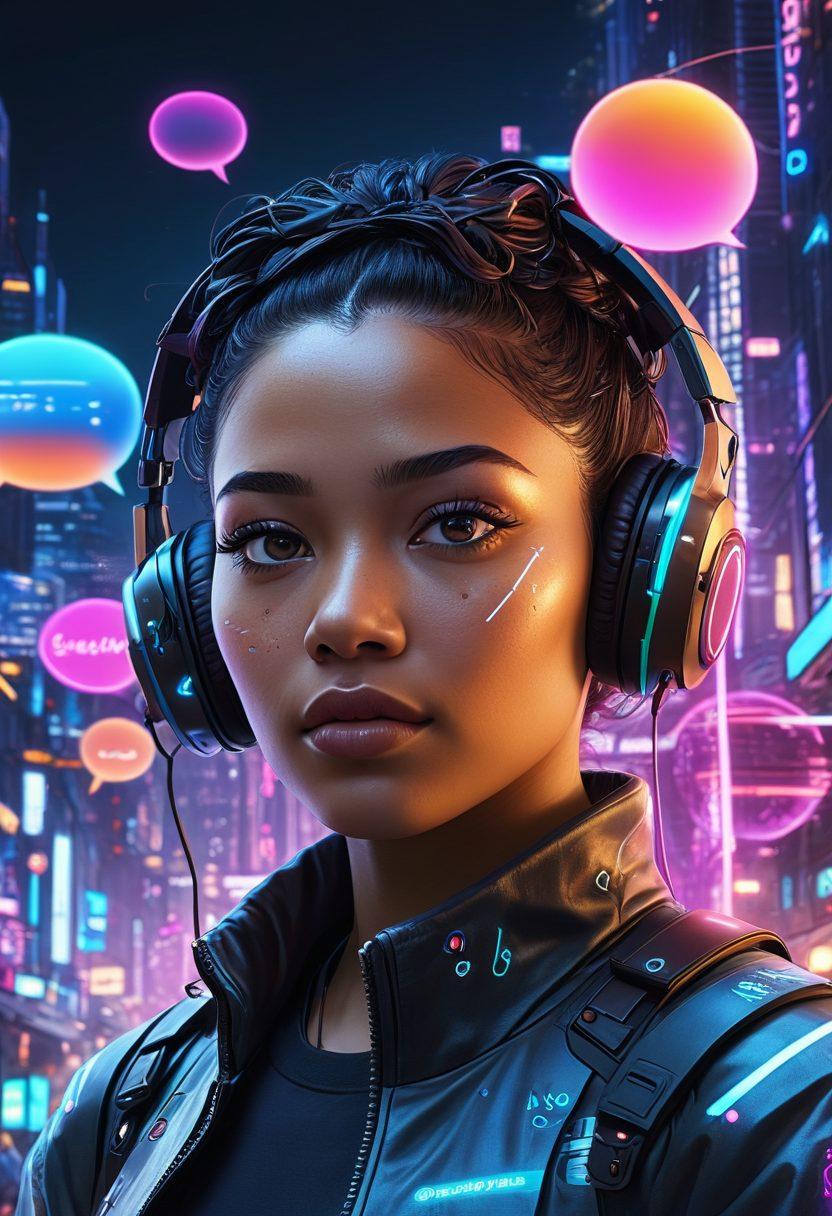 A futuristic digital landscape showcasing diverse avatars engaged in vibrant real-time conversations. Include animated chat bubbles and a flowing stream of messages to represent dynamic communication. Feature people from various cultures and backgrounds, surrounded by glowing network connections, symbolizing online interaction. Incorporate bright colors and a sleek design to convey a sense of innovation and technology. cyberpunk. super-realistic. vibrant colors.