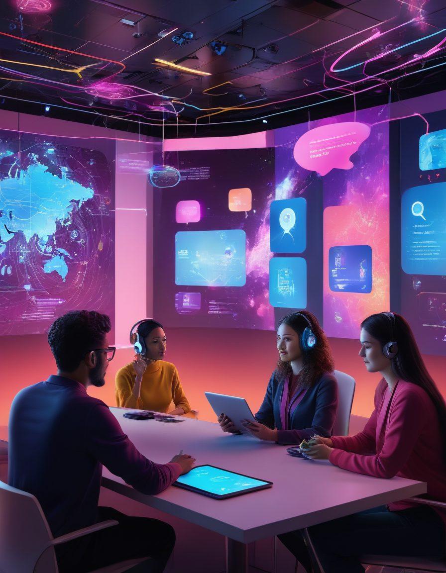 A futuristic scene depicting diverse people communicating in various real-time formats, like video calls and chat applications, against a backdrop of evolving technology, such as holograms and AI interfaces. Emphasize digital interactions and cultural diversity, with vibrant connectivity visuals like speech bubbles and digital signals. super-realistic. vibrant colors. 3D.