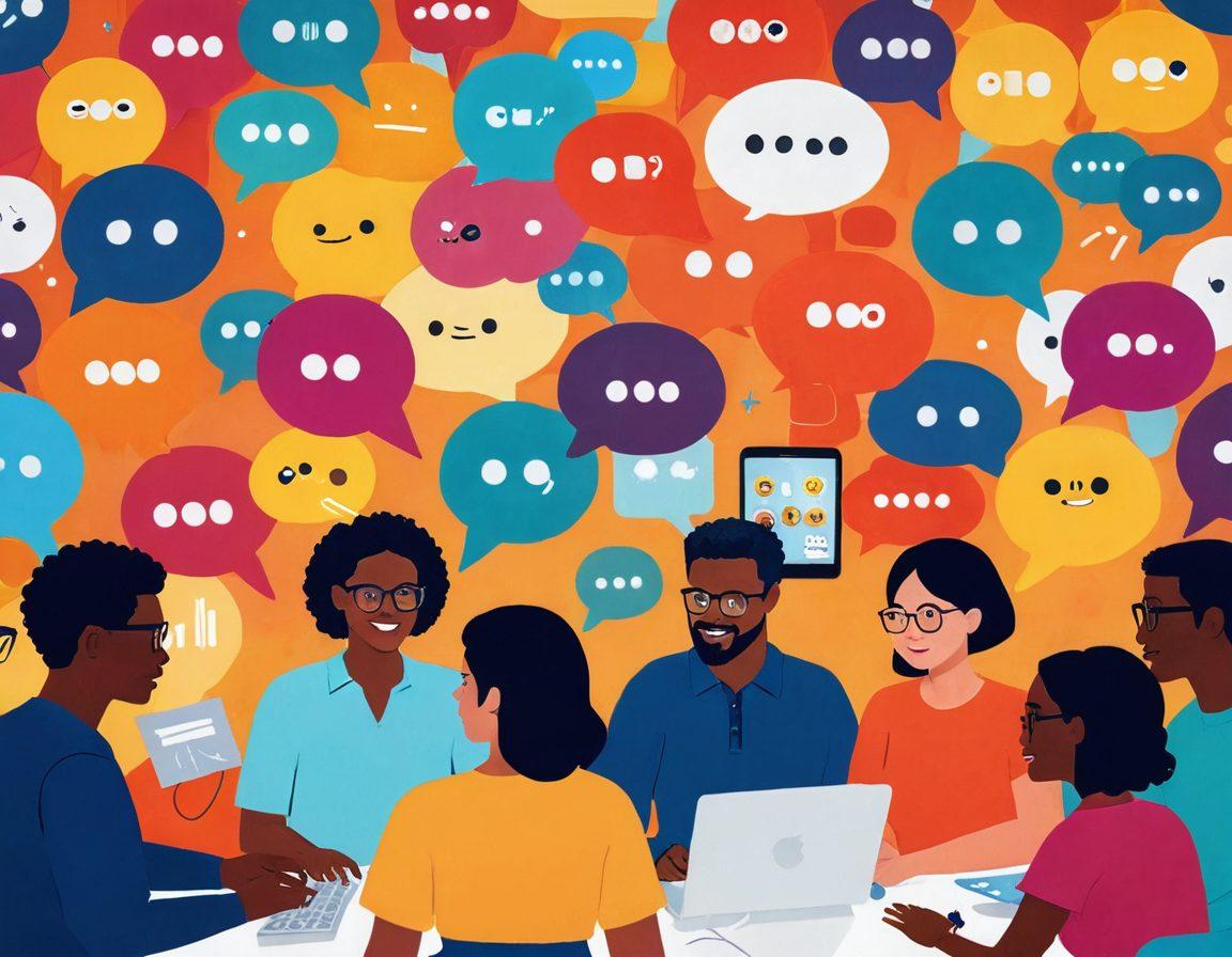 A vibrant digital collage depicting an interactive forum environment, showing diverse individuals engaging in lively conversations through texts and avatars. Include speech bubbles filled with expressions, emojis, and colorful graphics representing various topics of discussion. The background should blend warm colors to convey a sense of community and connection. Add elements like a computer screen, mobile devices, and the metaphorical 'bridge' from texting to socializing. digital art. vibrant colors.